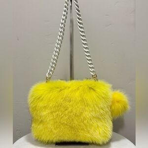 Yellow Handmade Luxury Real Fox Fur Shoulder Bag/Crossbody & Fox Fur Ball Charm